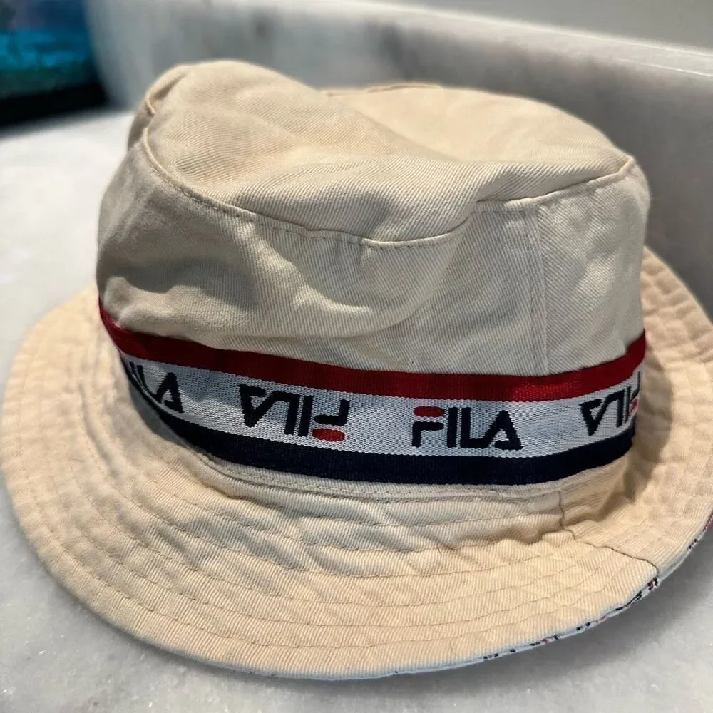 Fila Logo Cotton Twill Reversible Bucket Hat Tan Multi Small/Medium